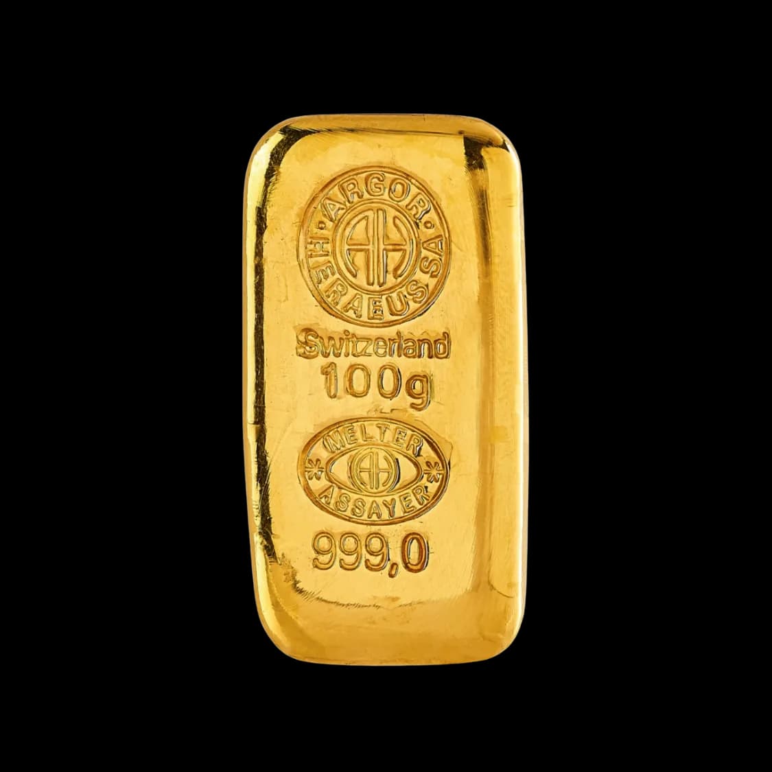 100g Argor-Heraeus Gold Cast Bar — 999.9 gold bar, view 2
