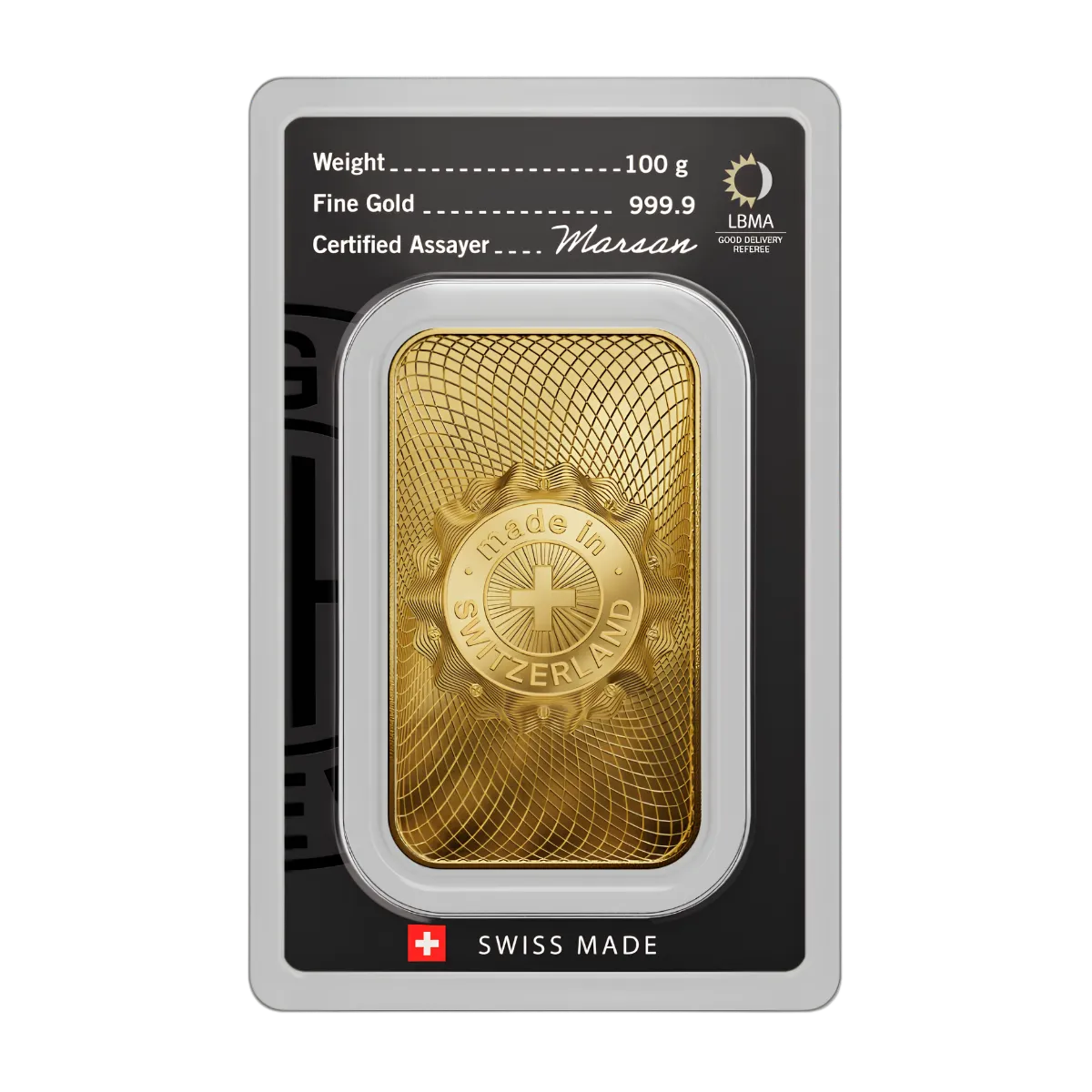 100g Argor-Heraeus Gold Minted Bar — 999.9 gold bar, view 2