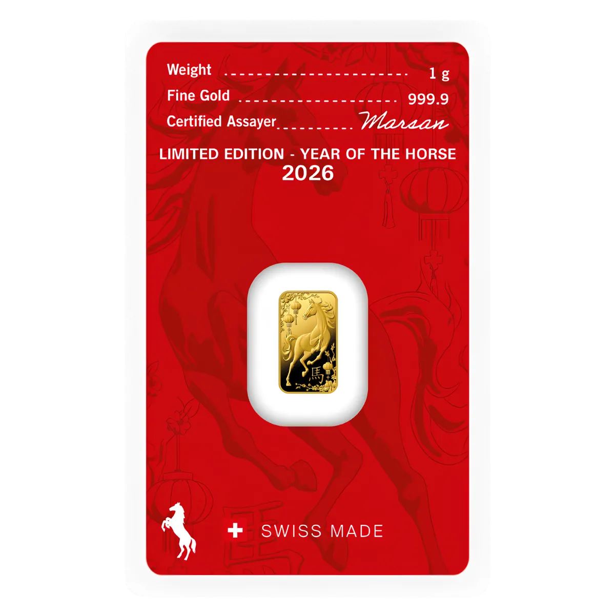 1g Argor-Heraeus 2026 "Year of the Horse" Gold Minted Bar — 999.9 gold bar, view 2