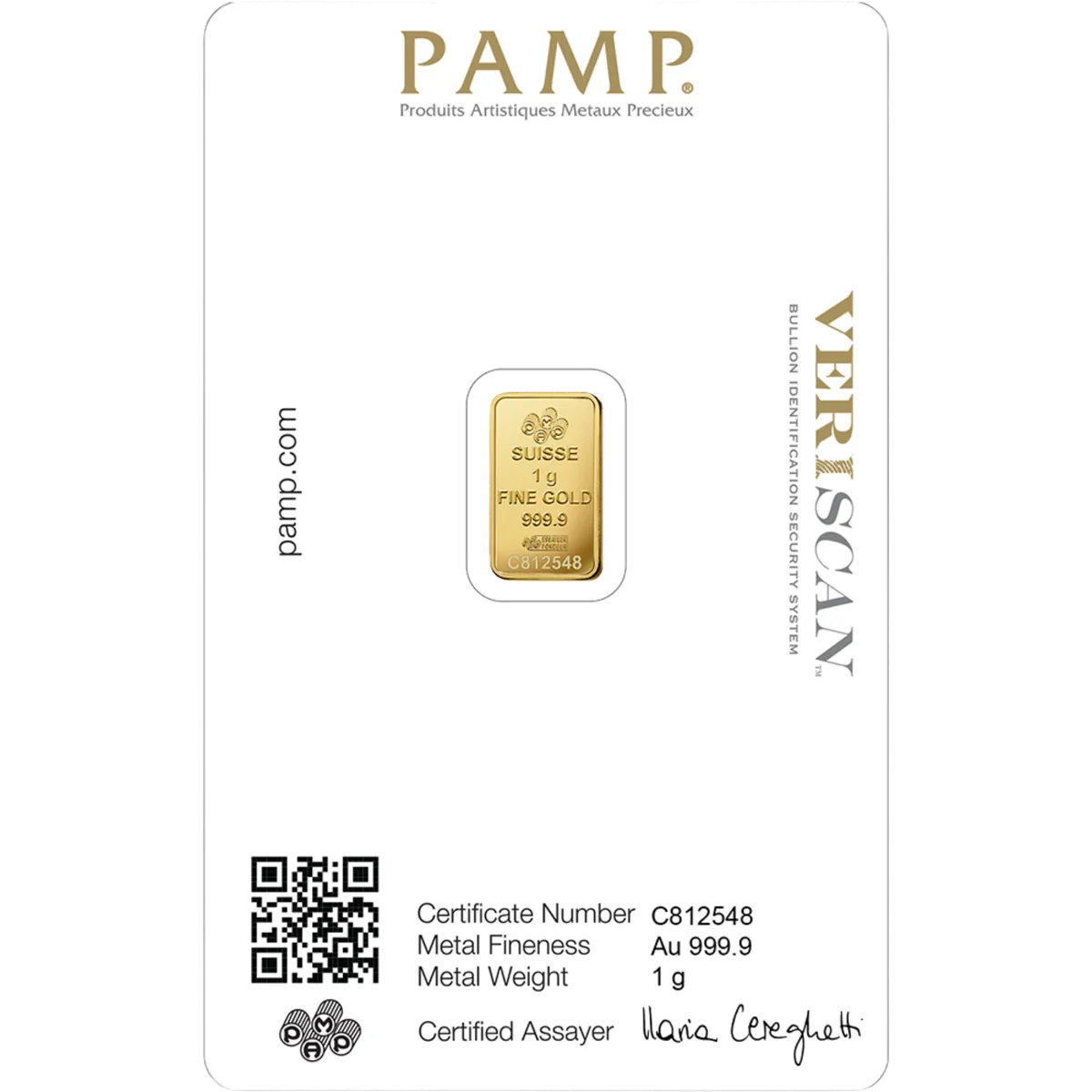1g PAMP Lady Fortuna Gold Minted Bar — 999.9 gold bar, view 2