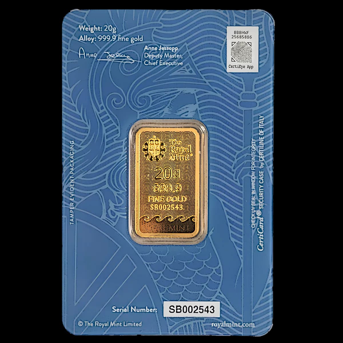 20g UK Royal Mint Britannia Gold Minted Bar — 999.9 gold bar, view 2