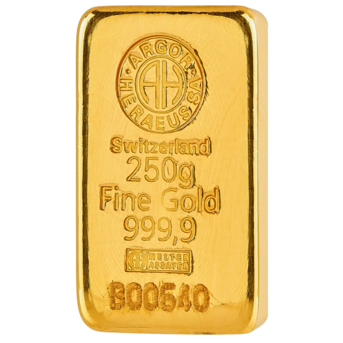 250g Argor-Heraeus Gold Cast Bar — 999.9 gold bar