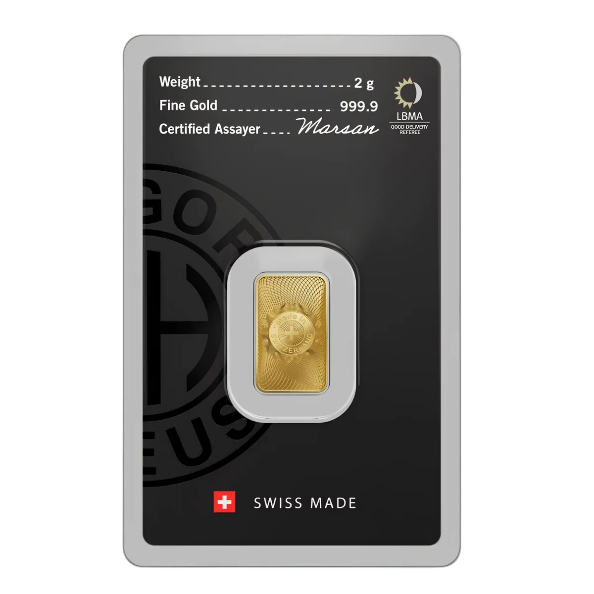 2g Argor-Heraeus Minted Gold Bar — 999.9 gold bar, view 2