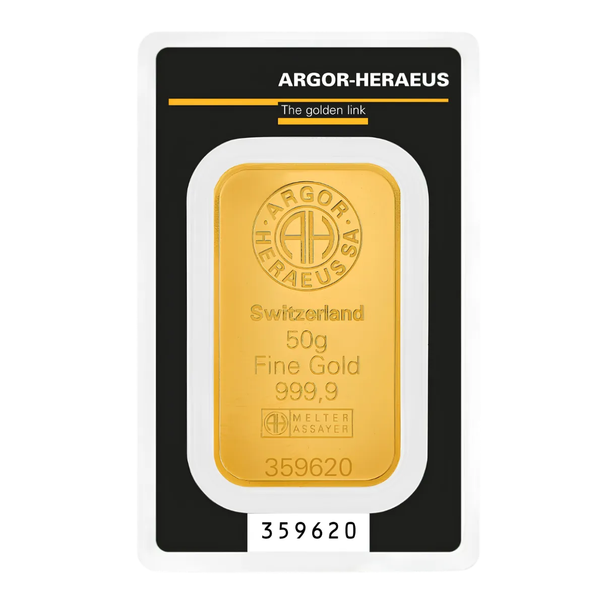 50g Argor-Heraeus Gold KineBar — 999.9 gold bar, view 2