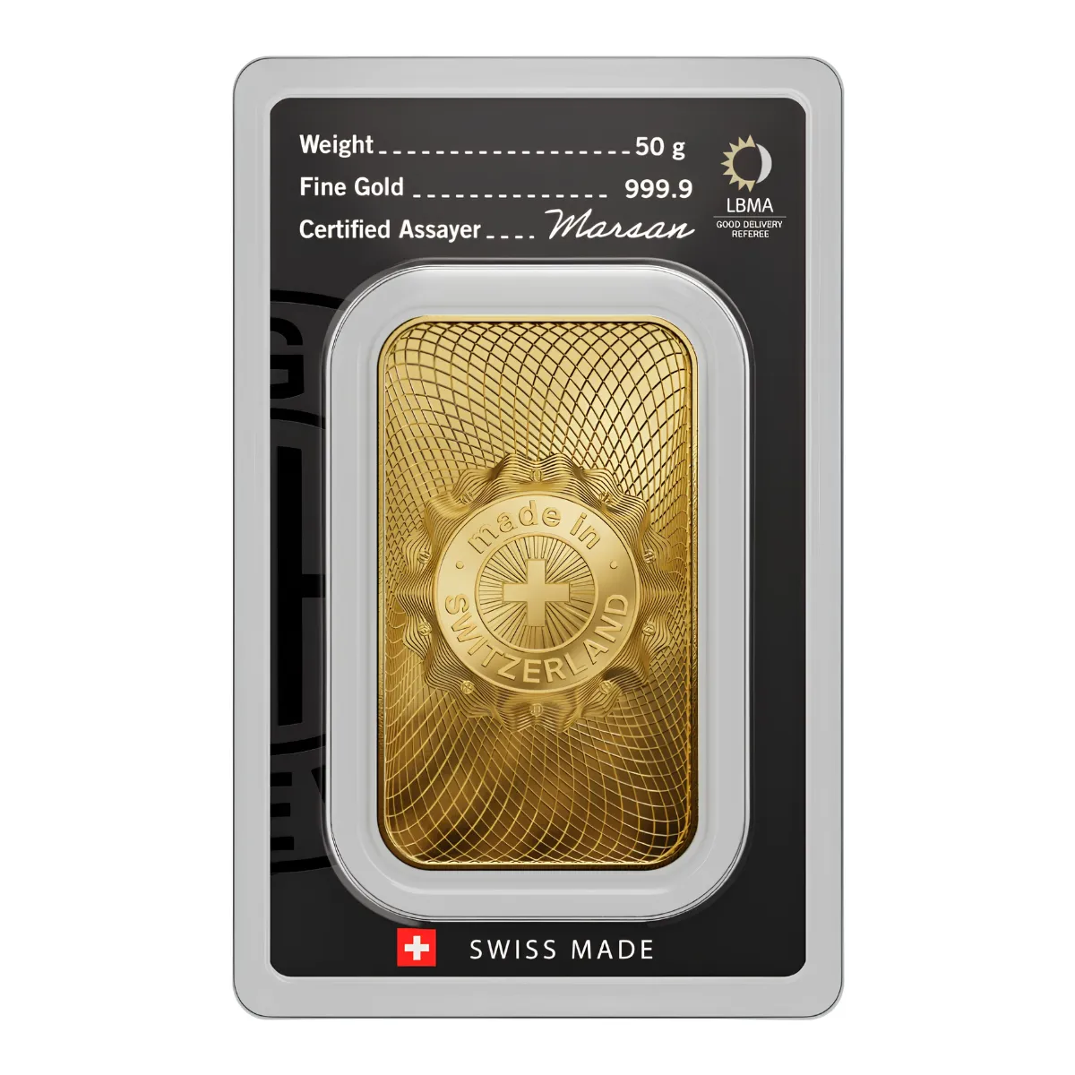 50g Argor-Heraeus Minted Gold Bar — 999.9 gold bar, view 2